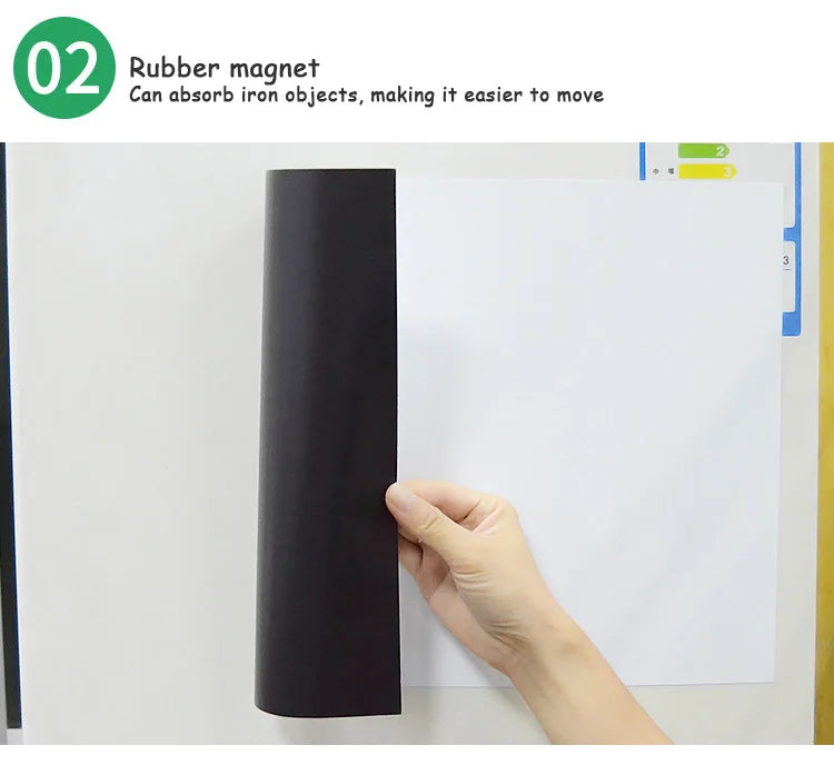 A hand is shown holding a black rubber magnet against a white dry erase board.