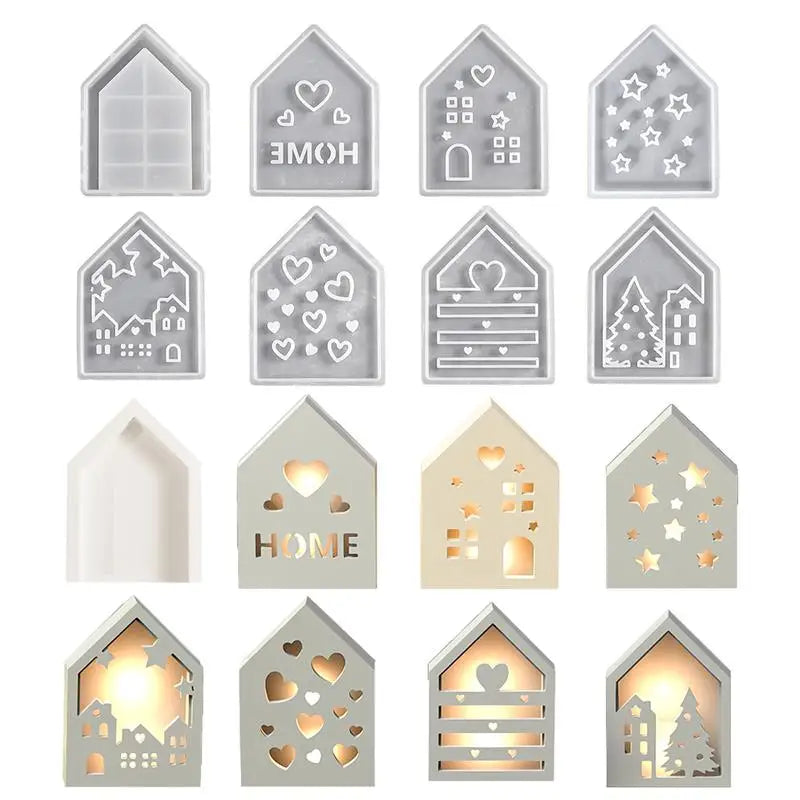 A set of 12 3D silicone molds featuring various house, love, and Christmas themed ornaments in a light gray color.