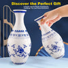 A hand holds a blue and white porcelain puzzle vase with a floral design, demonstrating the 3D puzzle for decoration.