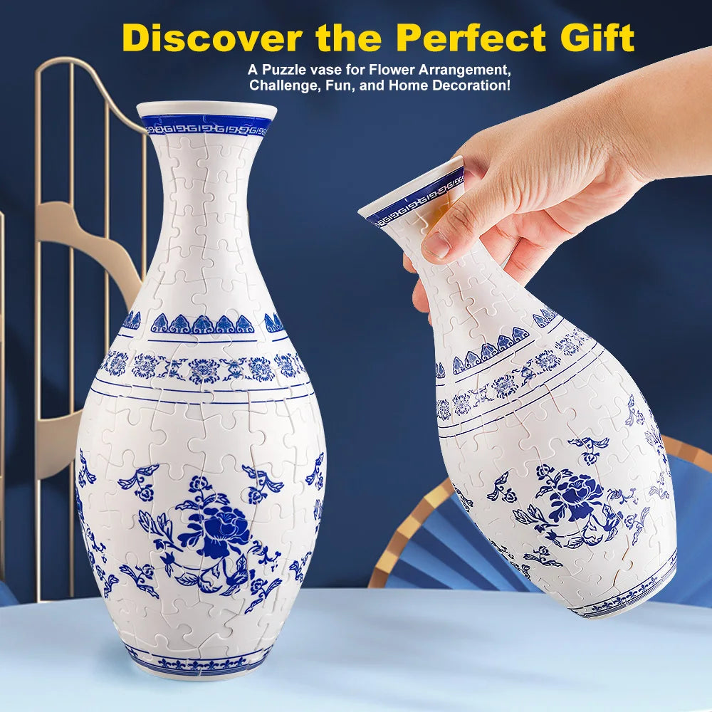 A hand holds a blue and white porcelain puzzle vase with a floral design, demonstrating the 3D puzzle for decoration.