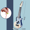 A light blue ukulele toy with a wooden neck and body, showing dimensions and a close-up of the string setup.