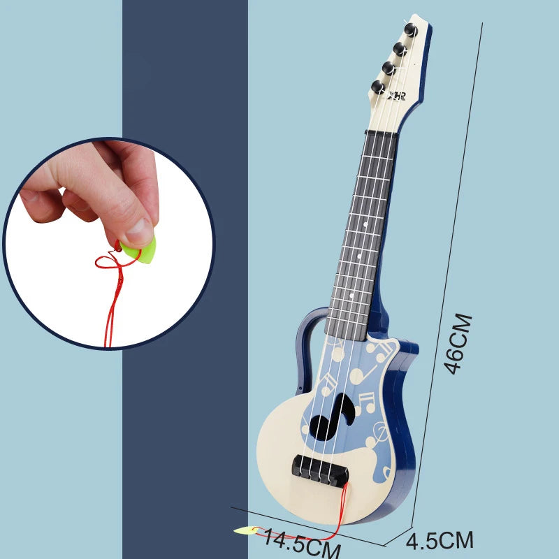A light blue ukulele toy with a wooden neck and body, showing dimensions and a close-up of the string setup.
