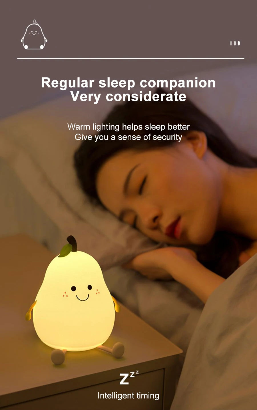 A warm white pear-shaped night light is placed on a bedside table next to a person sleeping.