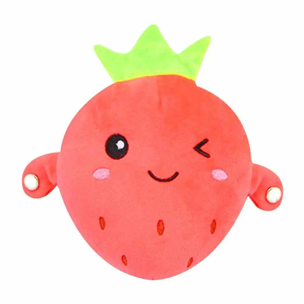A bright red strawberry plush toy with a green leafy top.