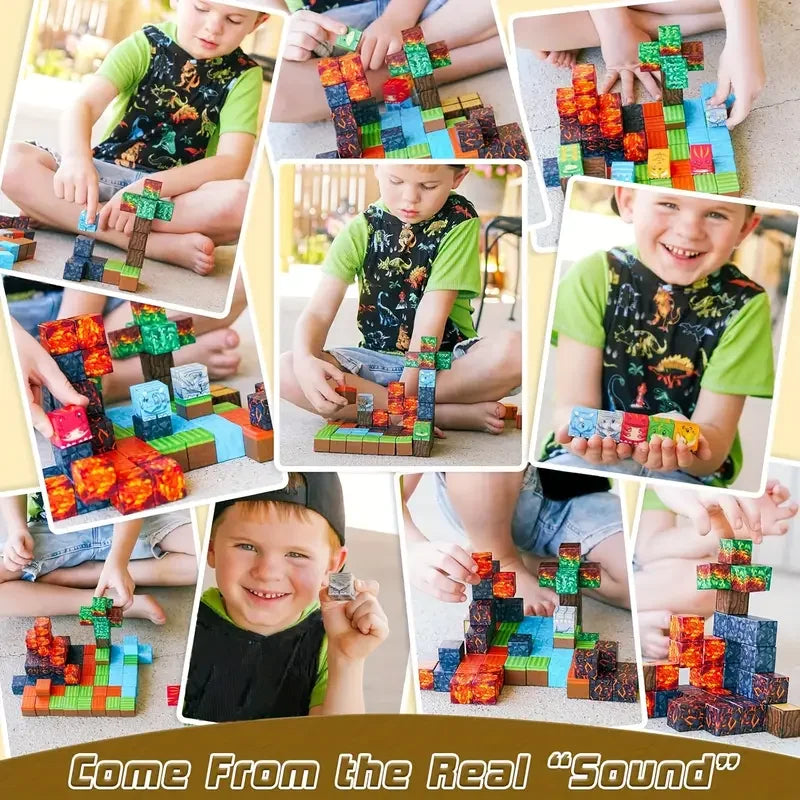 Children building colorful magnetic cubes and stacking blocks in various creative arrangements.