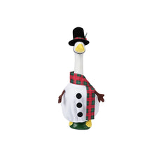 A festive porch goose decoration featuring a black hat, white body, and plaid accents.