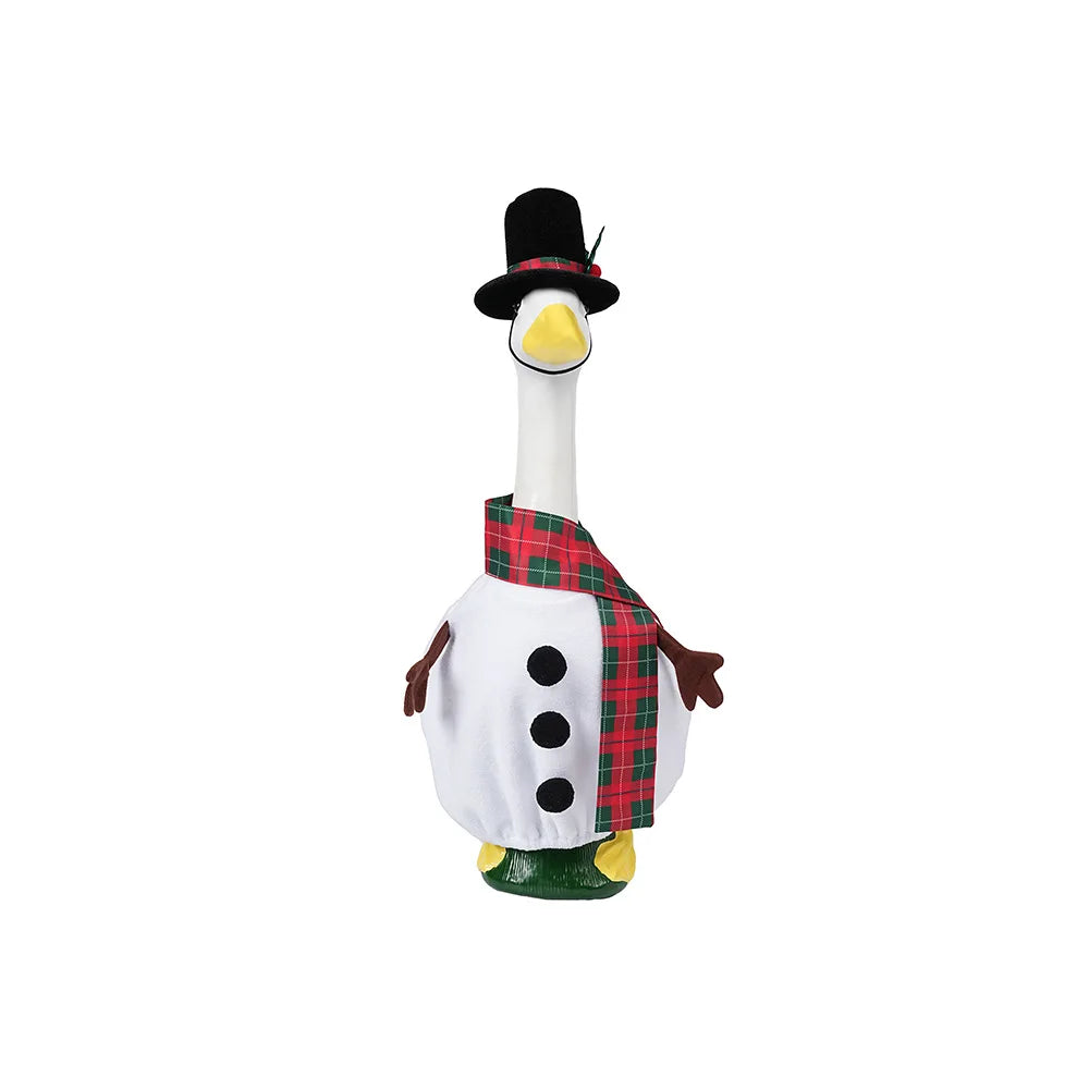 A festive porch goose decoration featuring a black hat, white body, and plaid accents.