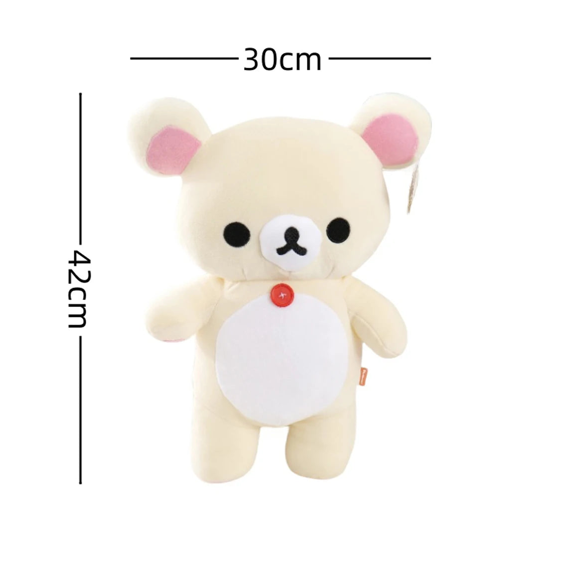 A soft, cream-colored Rilakkuma anime plush bear with pink ears and a red belly button.