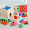 A wooden Montessori toy set featuring a box, colored wooden blocks, and various colored balls and vegetables for toddlers.