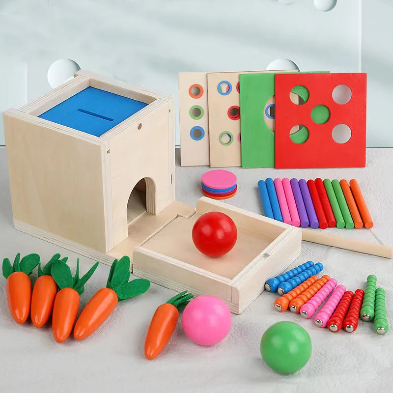 A wooden Montessori toy set featuring a box, colored wooden blocks, and various colored balls and vegetables for toddlers.