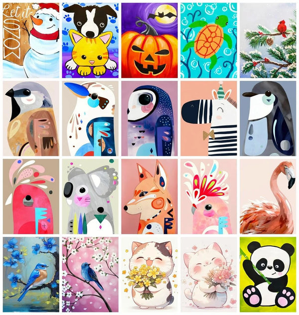 Colección de lienzos para pintar por números con aves, animales y temas de temporada como calabazas y fauna silvestre.