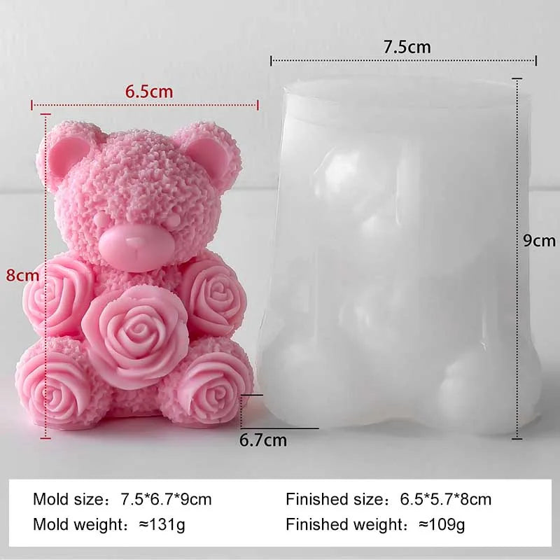 A pink rose bear silicone mold and its finished product, a clear glass candle mold.