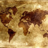 A vintage-style map of the world on aged parchment paper.