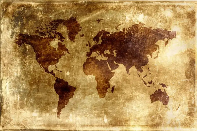 A vintage-style map of the world on aged parchment paper.
