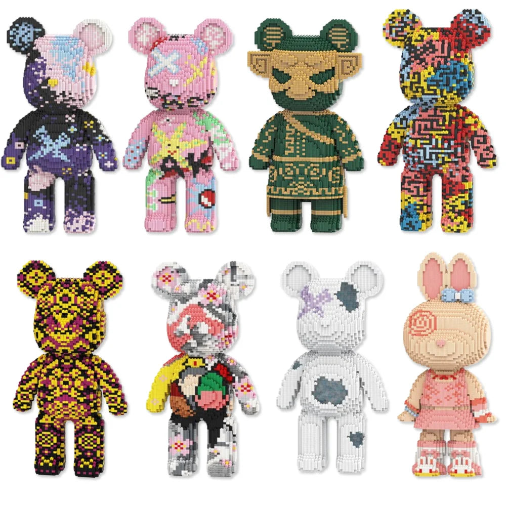 A collection of twelve small bear figures made from micro building blocks in various colors and patterns.