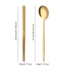 A set of stainless steel Korean dinnerware and chopsticks shown with dimensions.
