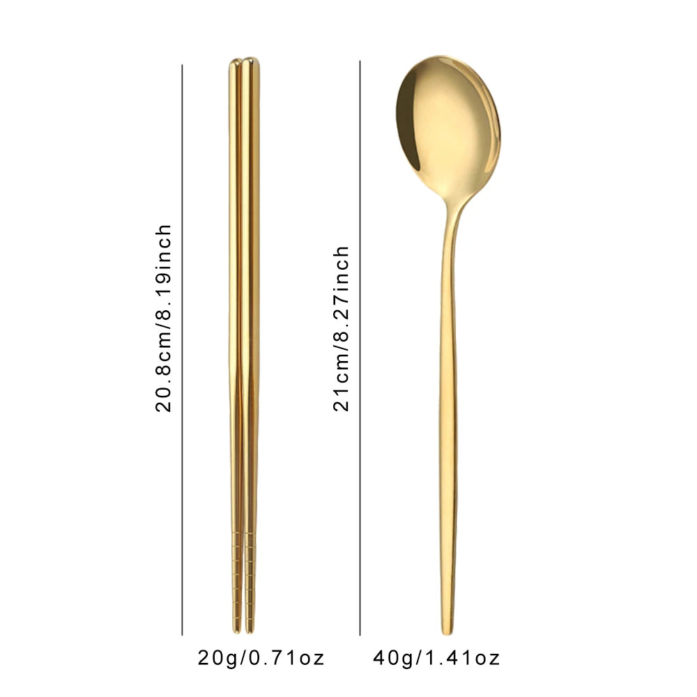 A set of stainless steel Korean dinnerware and chopsticks shown with dimensions.
