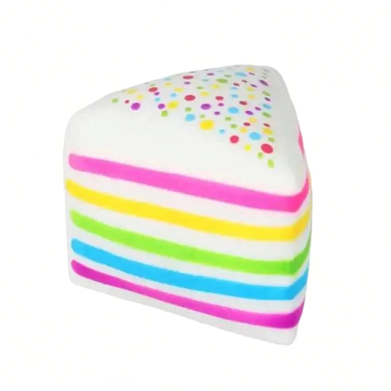A white layer cake shaped squishy toy with colorful rainbow stripes and a speckled top.