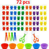 A collection of 72 plastic bears in various colors, along with sorting cups and tweezers for a Montessori learning toy set.