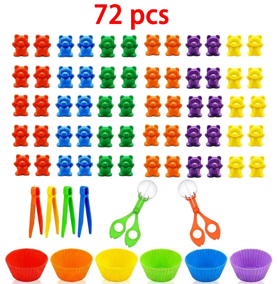 A collection of 72 plastic bears in various colors, along with sorting cups and tweezers for a Montessori learning toy set.