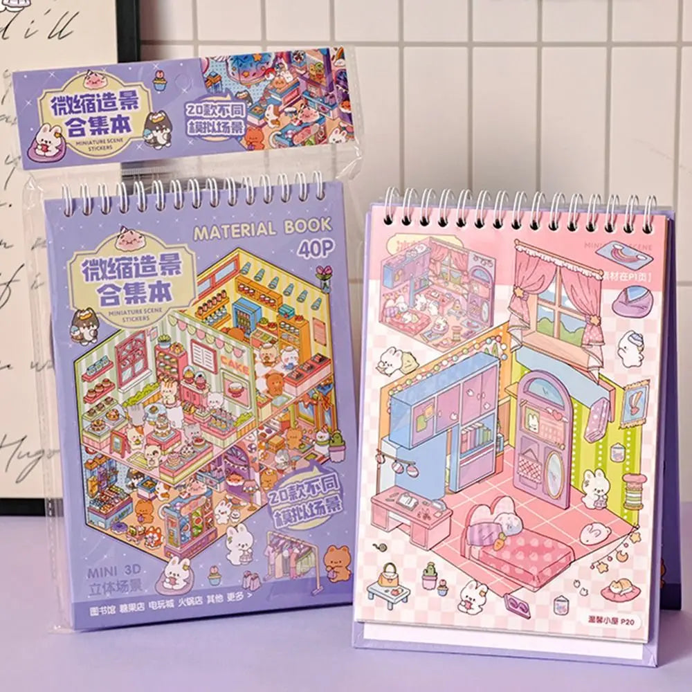 A colorful sticker book featuring a 3D cabin scene for creative kids with various decorative elements.