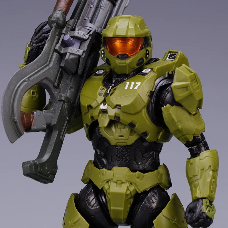 A 1/12 scale Master Chief action figure in olive green armor holding a weapon.