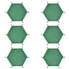 Three views of a foldable PU leather hexagonal dice tray used as a tabletop game organizer.