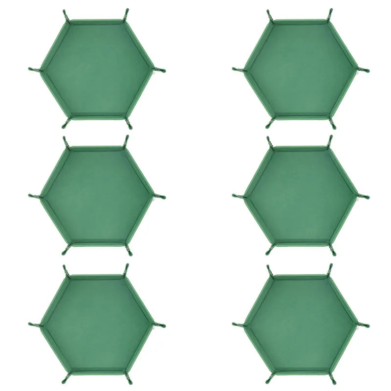 Three views of a foldable PU leather hexagonal dice tray used as a tabletop game organizer.