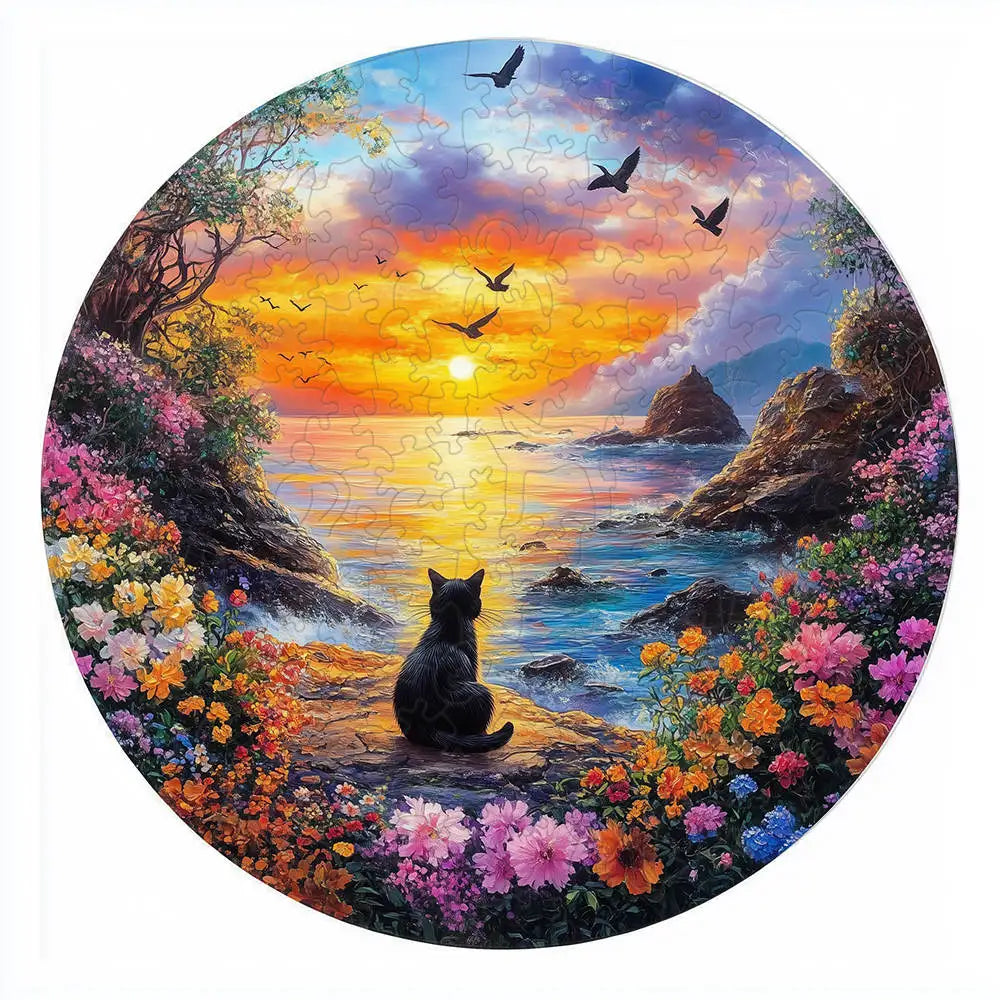 A wooden puzzle depicting a sunset landscape with trees, mountains, and a black cat sitting on a rock.