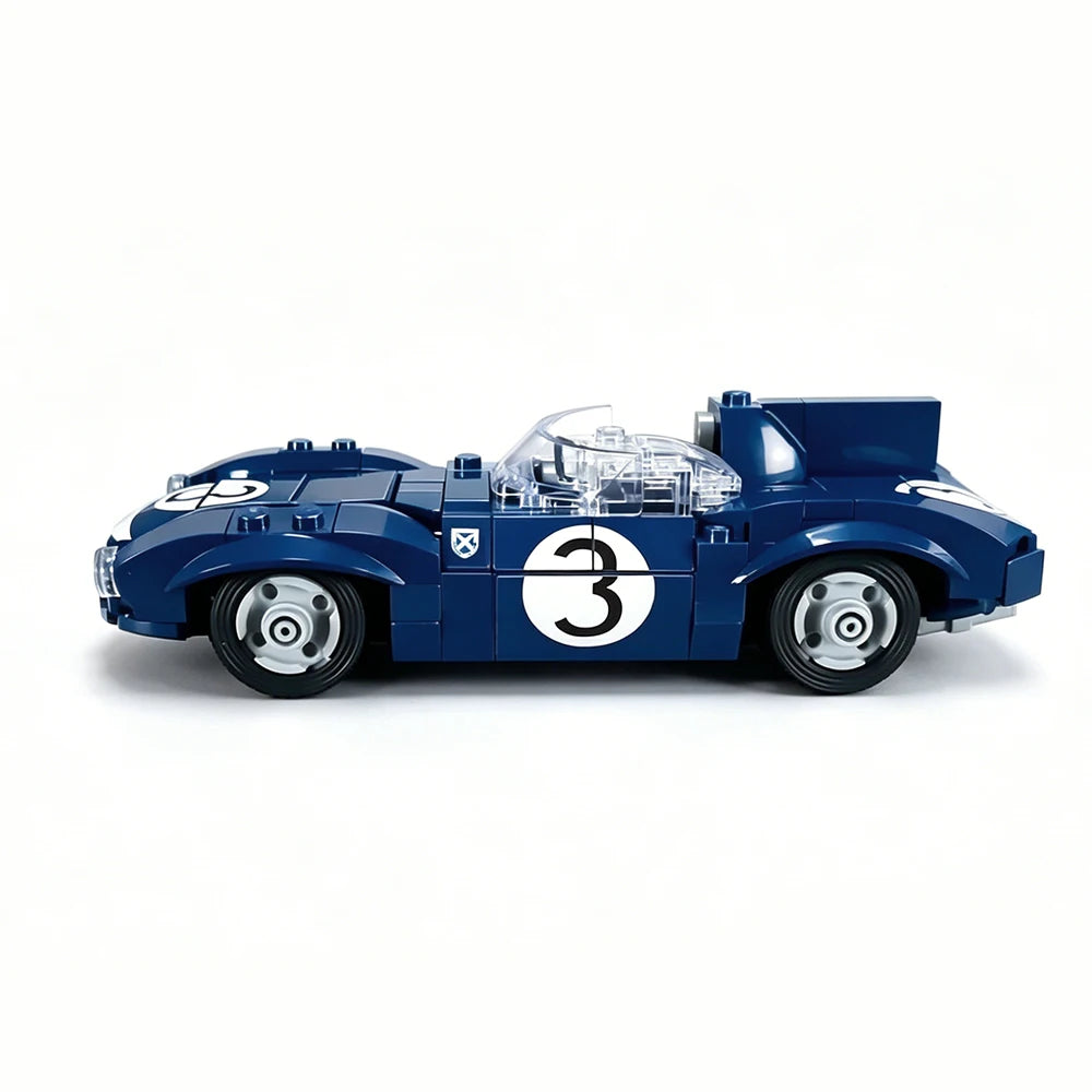 Blue Le Mans Raceway building block set featuring a race car and the number 3.