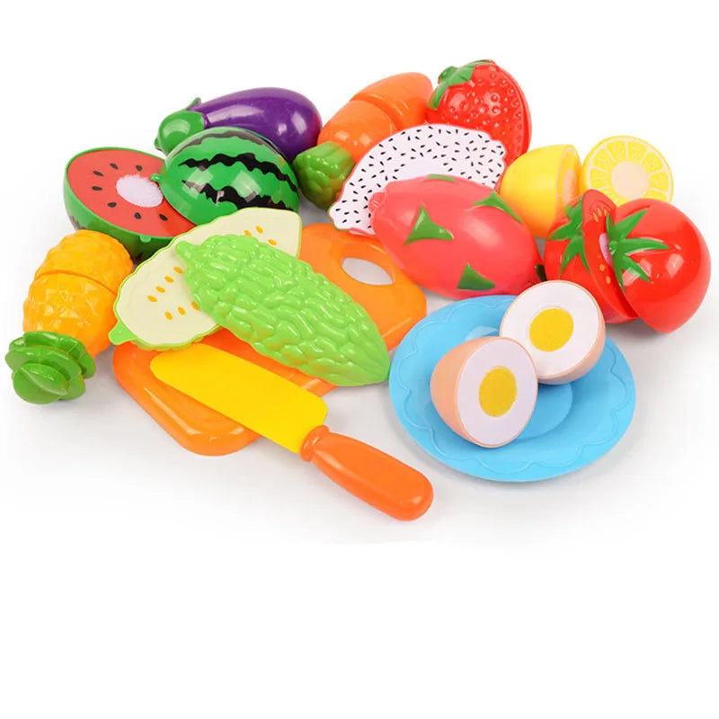 A colorful set of plastic fruits and vegetables for kids pretend play kitchen set