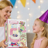 A young girl is shown holding a pink fabric flower bouquet DIY craft kit box.