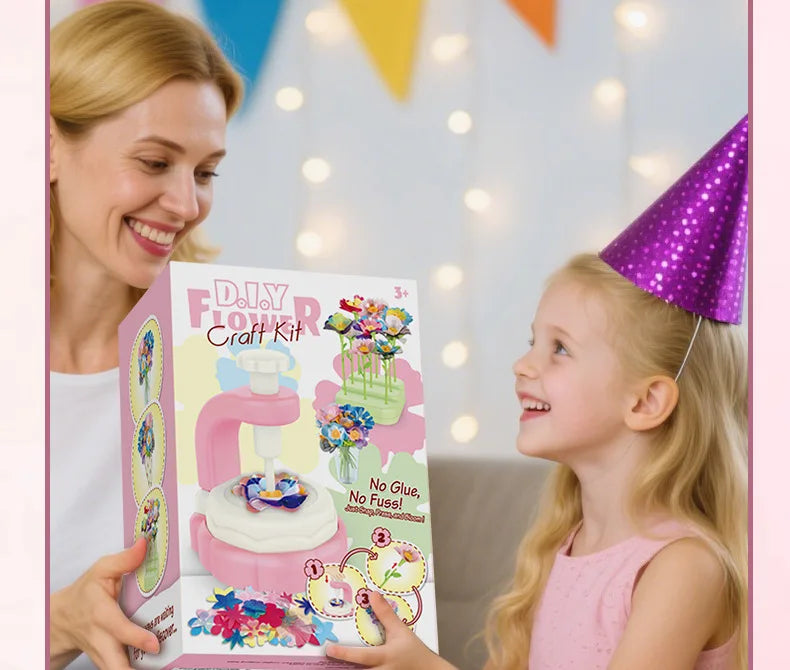 A young girl is shown holding a pink fabric flower bouquet DIY craft kit box.