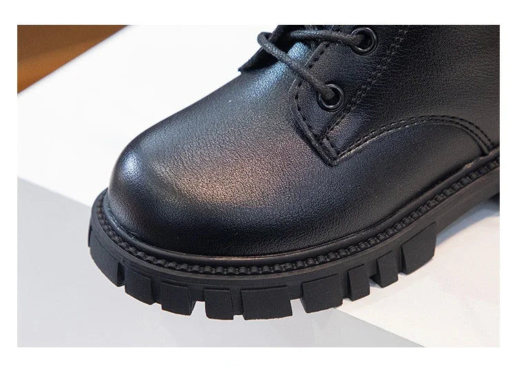Black girls' ankle boots with laces and an anti-skid rubber sole