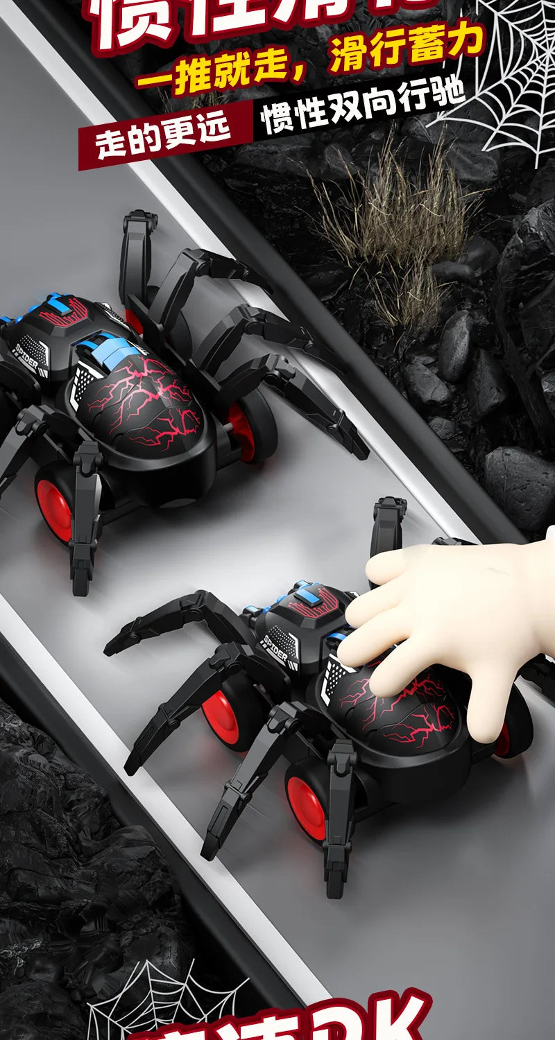 A black inertia-powered spider crawling toy car is shown in a close-up view against a dark background.