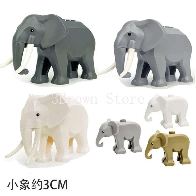 A set of six elephant building blocks in various shades of gray, white, and tan.