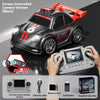 A black sports car RC model is shown with a remote control and camera setup for driving and filming.