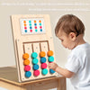 A child interacts with a wooden color matching puzzle game that trains color discrimination ability.