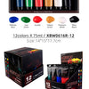 Acrylic paint sets featuring various colors including blue, green, red, yellow, and black paints.