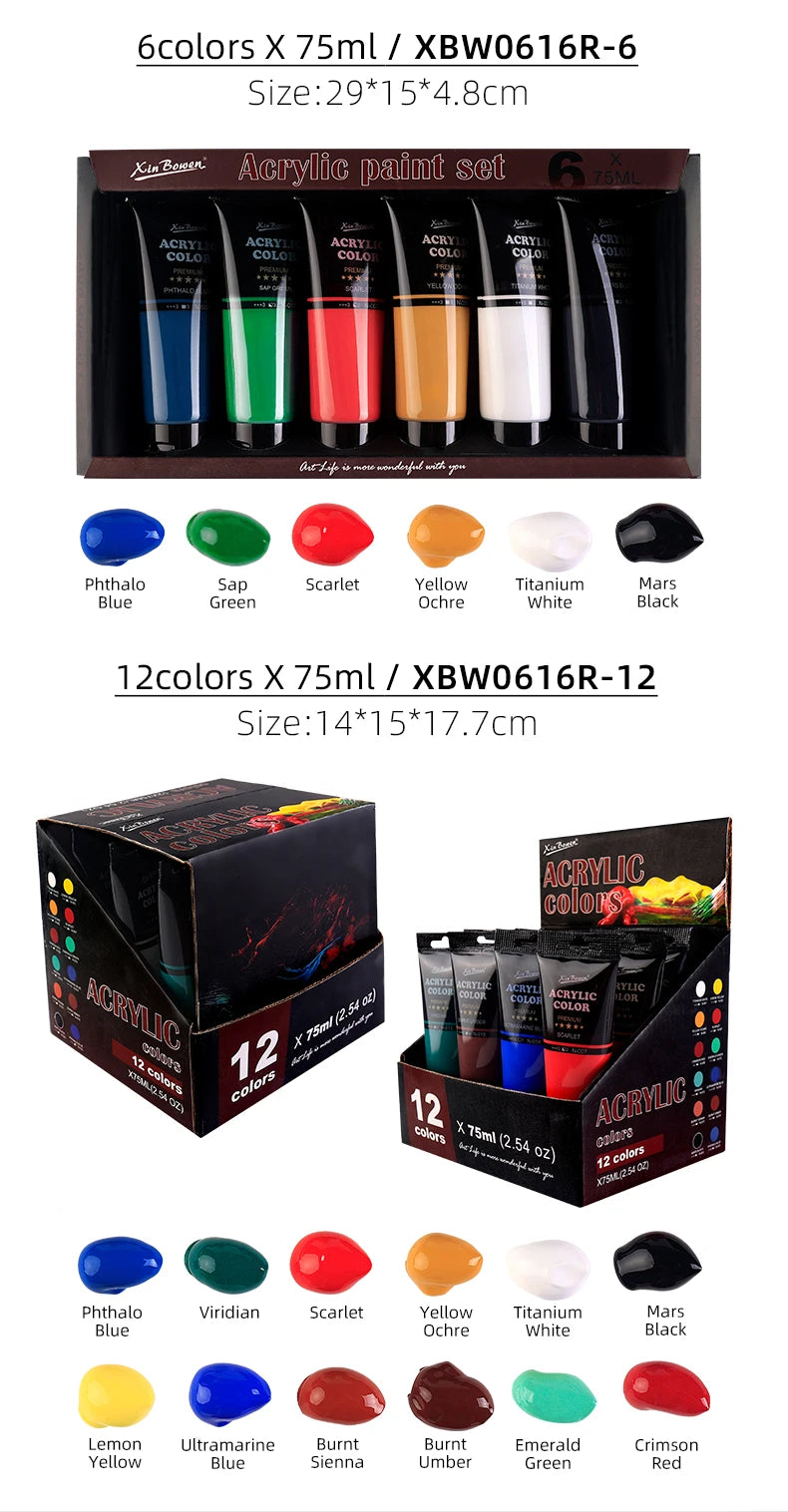 Acrylic paint sets featuring various colors including blue, green, red, yellow, and black paints.