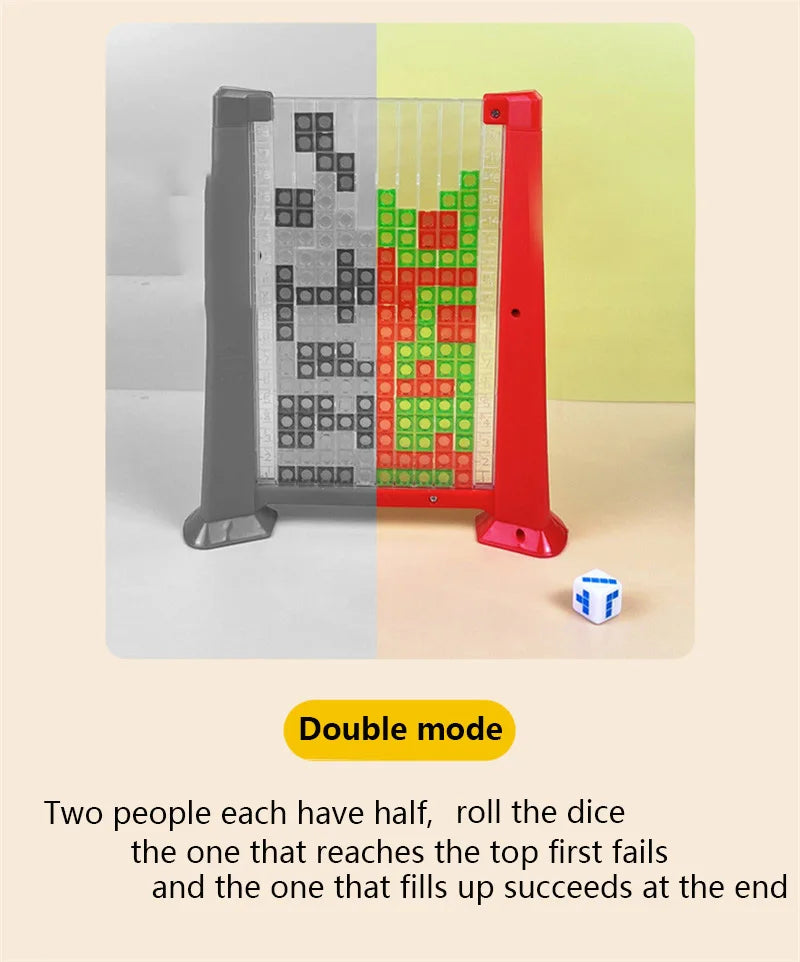 A translucent puzzle block set with colored cubes and a red tower, demonstrating a double-mode game.