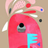 Watercolor painting of a bird in pink, red, and white hues with abstract floral elements.