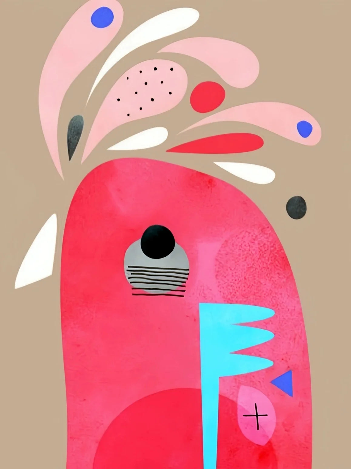 Watercolor painting of a bird in pink, red, and white hues with abstract floral elements.