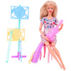 A doll with blonde hair is seated on a pink chair holding a pink guitar and next to a blue and yellow musical instrument set.