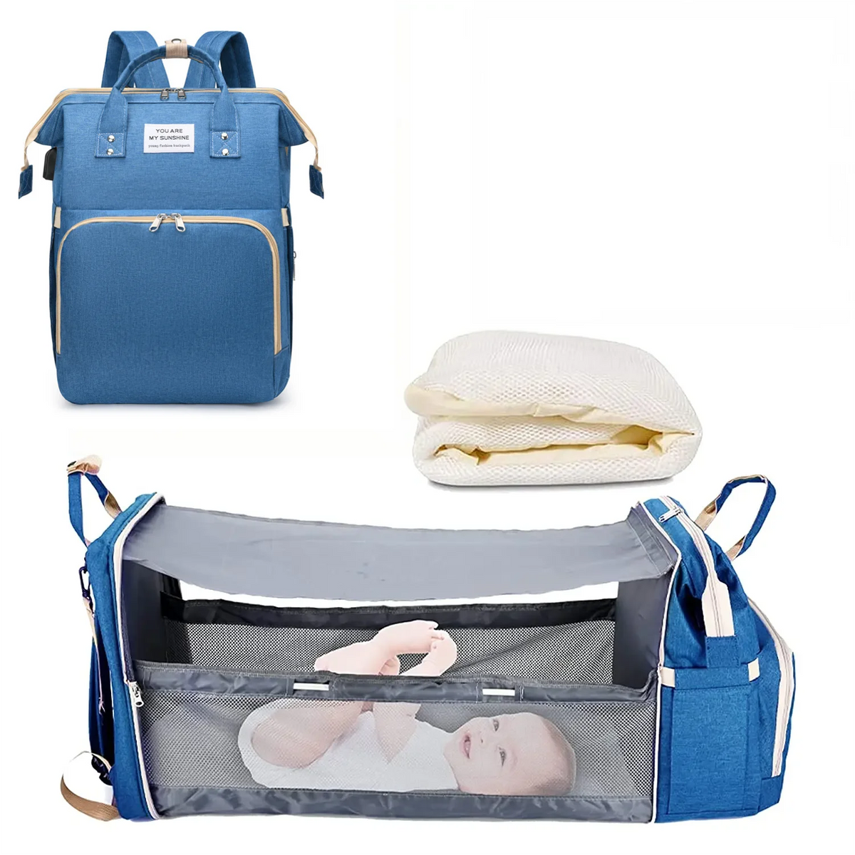Blauer faltbarer Windelrucksack mit offenem Fach, der ein Baby zeigt.