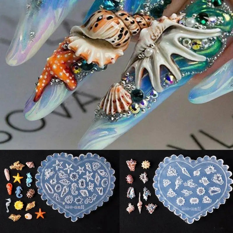 3D silicone nail art molds featuring sea shell, starfish, and ocean designs for acrylic nails