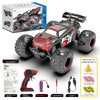 A black and red 1:18 scale 4WD off-road RC monster truck with LED lights and accessories.