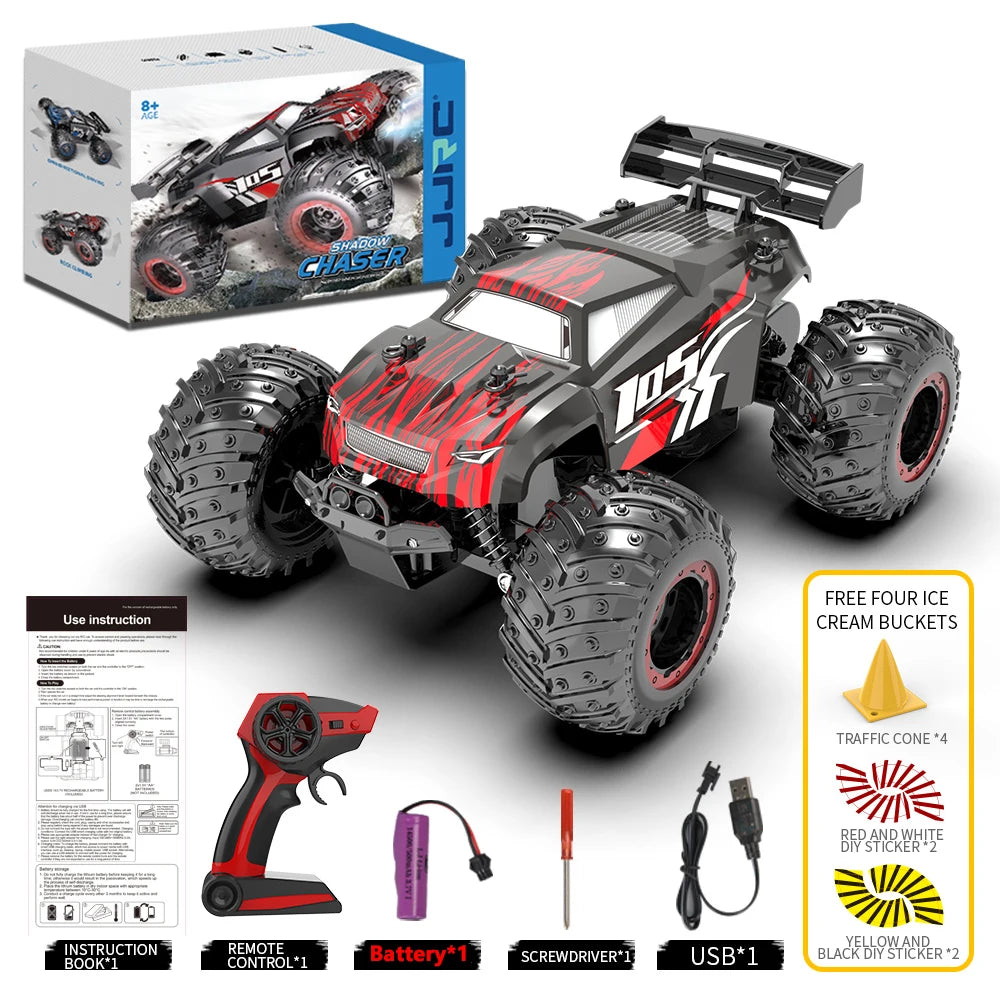 A black and red 1:18 scale 4WD off-road RC monster truck with LED lights and accessories.