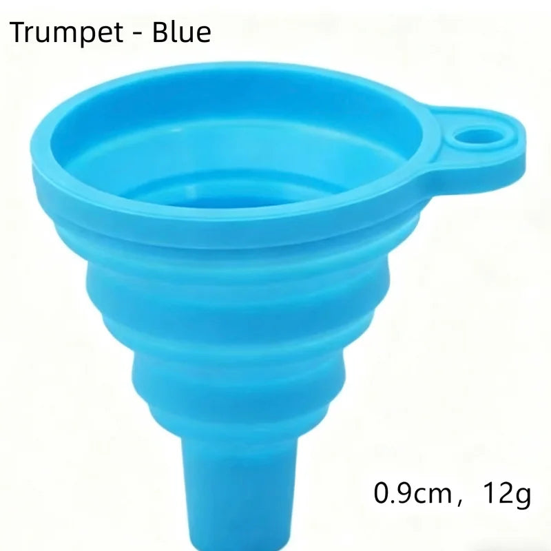 Blue trumpet-shaped silicone funnel with a handle, measuring 0.9cm and weighing 12g.