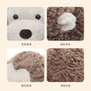Four images showing different textures and colors of ultra-soft shy monkey plush toys including a light beige face, brown fur